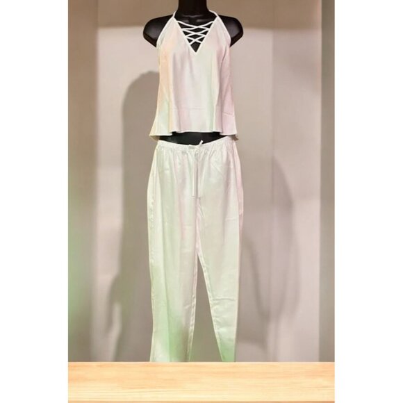 Fredericks of Hollywood Summer Lattice Lacing PJ Set Sz Medium Baby Pink Satin S - Picture 7 of 7